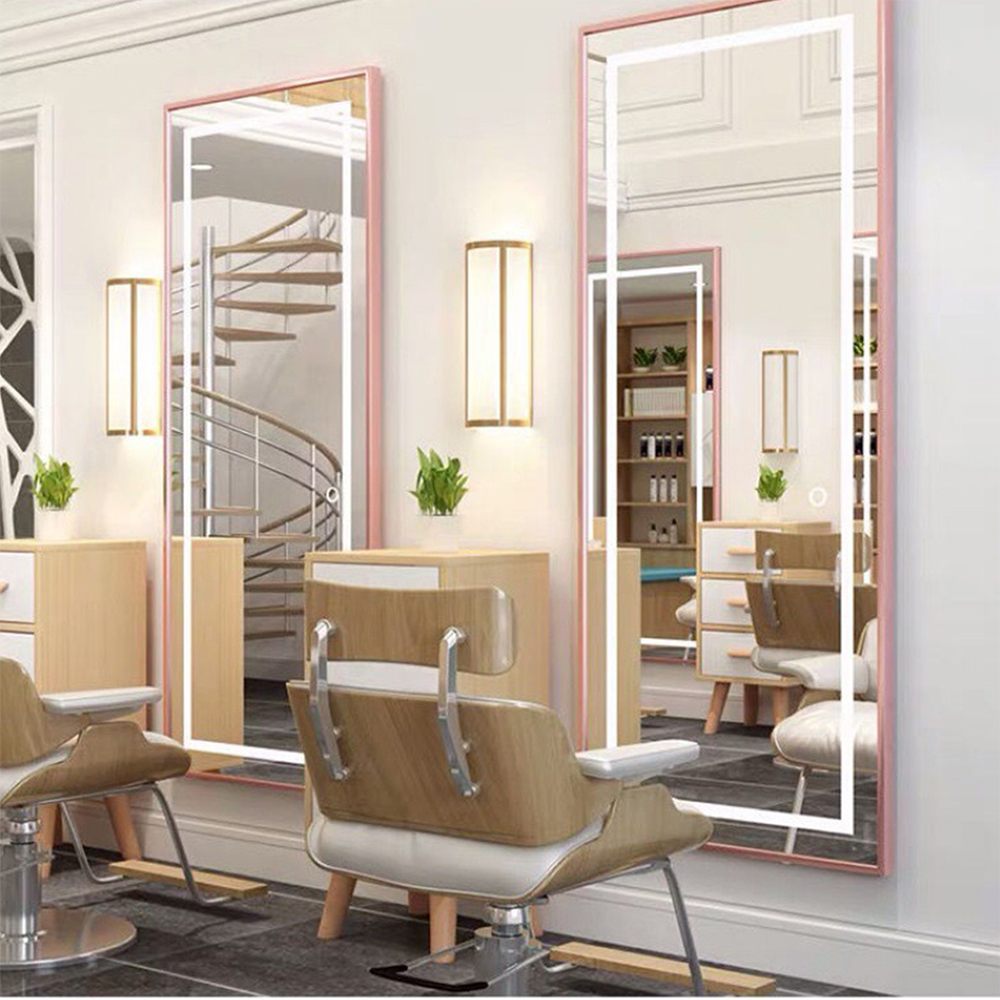 الوردي الزاوية اليمنى أدى ضوء مرآة مجلس الوزراء لتصفيف الشعر مرآة صالون مع الباب التصميم المرآة
