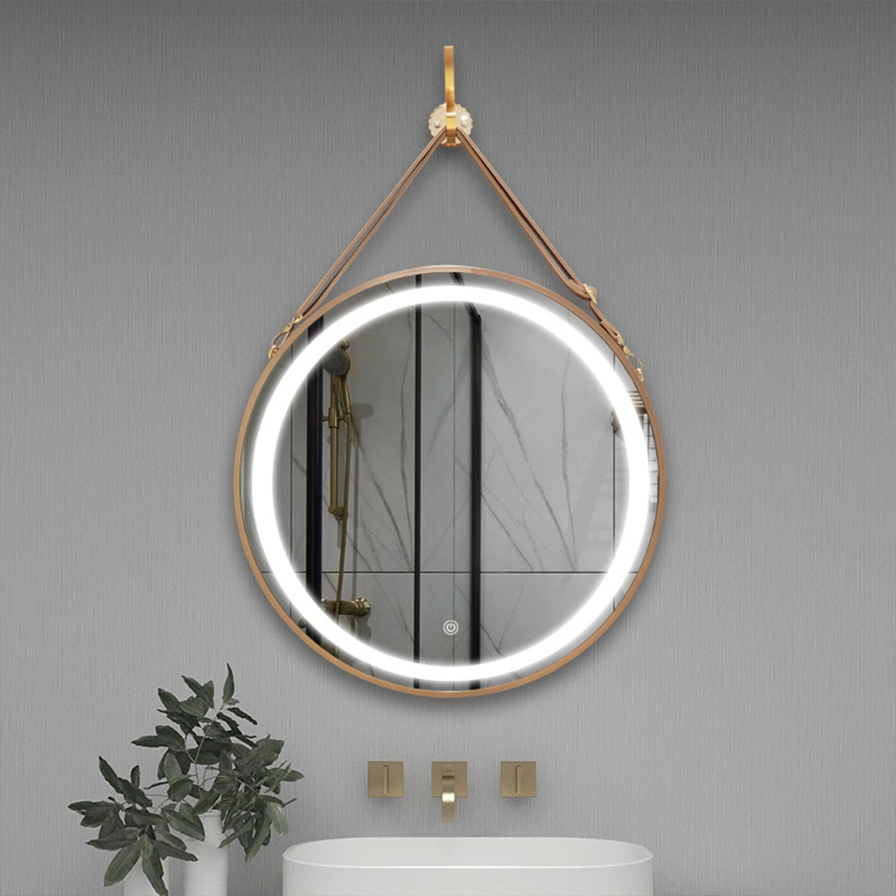 الغرور جولة LED جلدية حزام مرآة معلقة LED مرآة الحائط الذكية مرآة ديكور المنزل مرآة ماكياج بلوتوث اكسسوارات الحمام أثاث الصالون