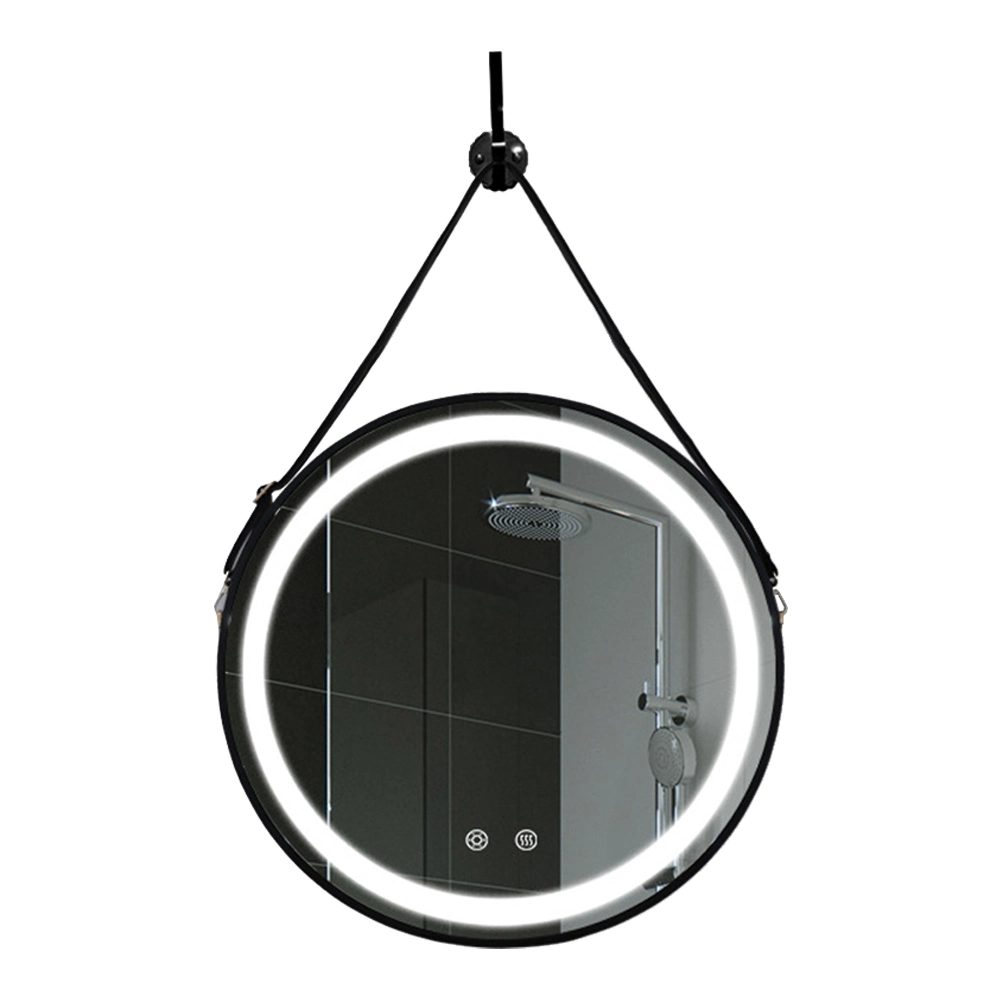 الغرور جولة LED جلدية حزام مرآة معلقة LED مرآة الحائط الذكية مرآة ديكور المنزل مرآة ماكياج بلوتوث اكسسوارات الحمام أثاث الصالون