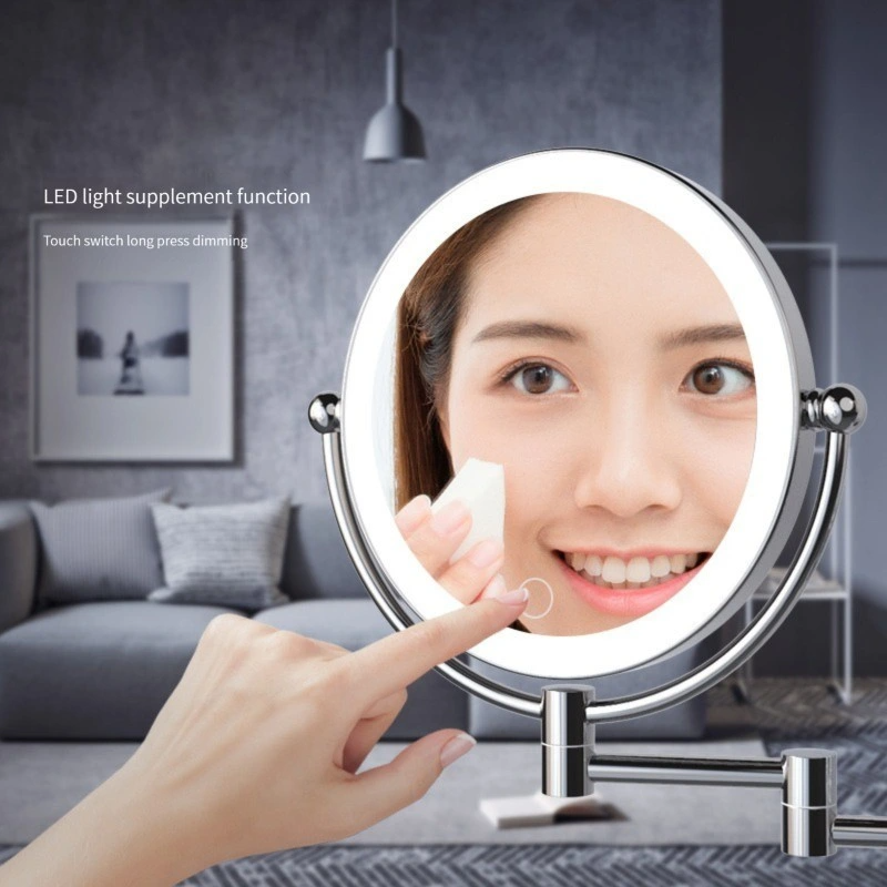 مرآة حمام مكبرة مثبتة على الحائط مضاءة بإضاءة LED ، مرآة حمام مضاءة بإضاءة LED